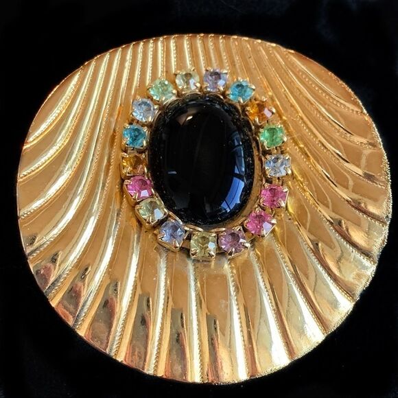 Vtg scalloped gold rainbow rhinestone black pin - Picture 3 of 7